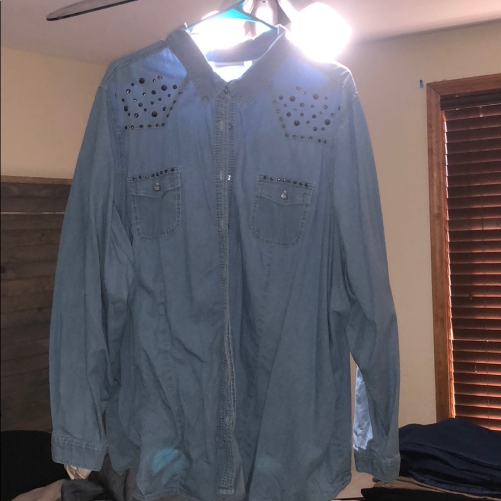 Denim and Rhinestone accented button down shirt